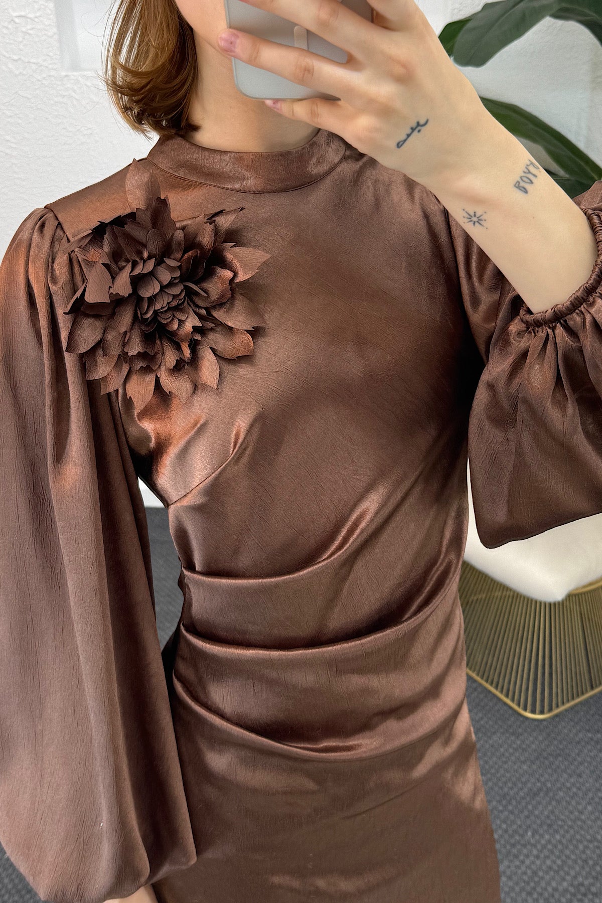 Sanna Broş Detay Abiye Kahverengi 4985-KAHVERENG