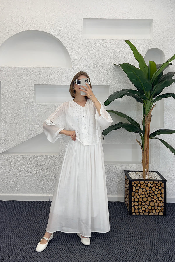 Taş Detay Etekli Takım Beyaz 8830-BEYAZ