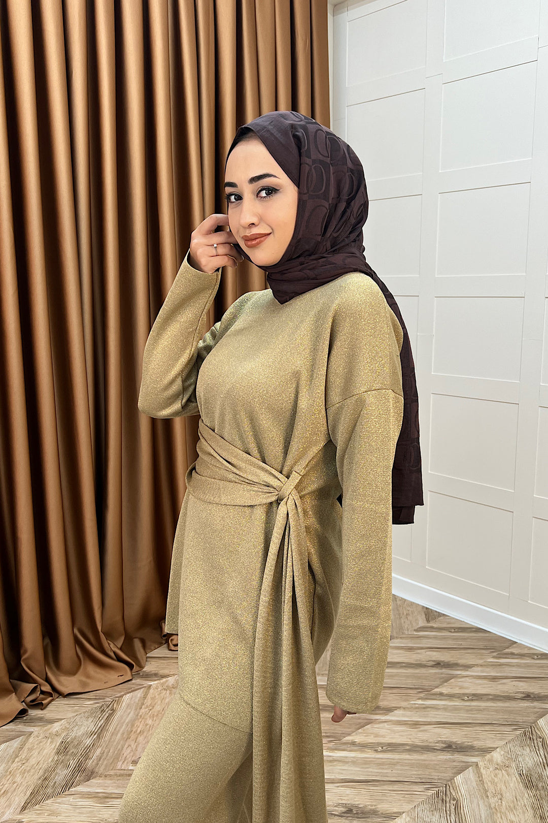 Yakamoz Şal Detay Simli Triko Takım Camel 25280-CAMEL