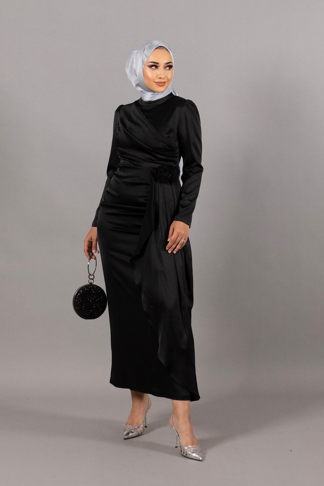 Elena Gül Broş Detay Saten Abiye Siyah 4964-SIYAH