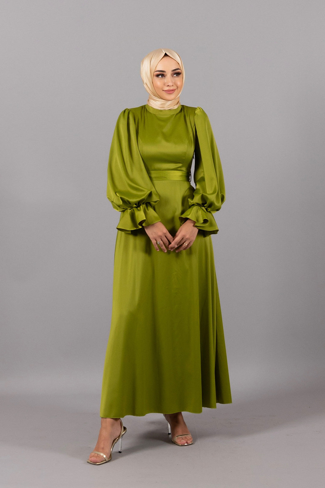 Flora Bilek Detay Saten Abiye Yağ Yeşili 4978-YAGYESILI