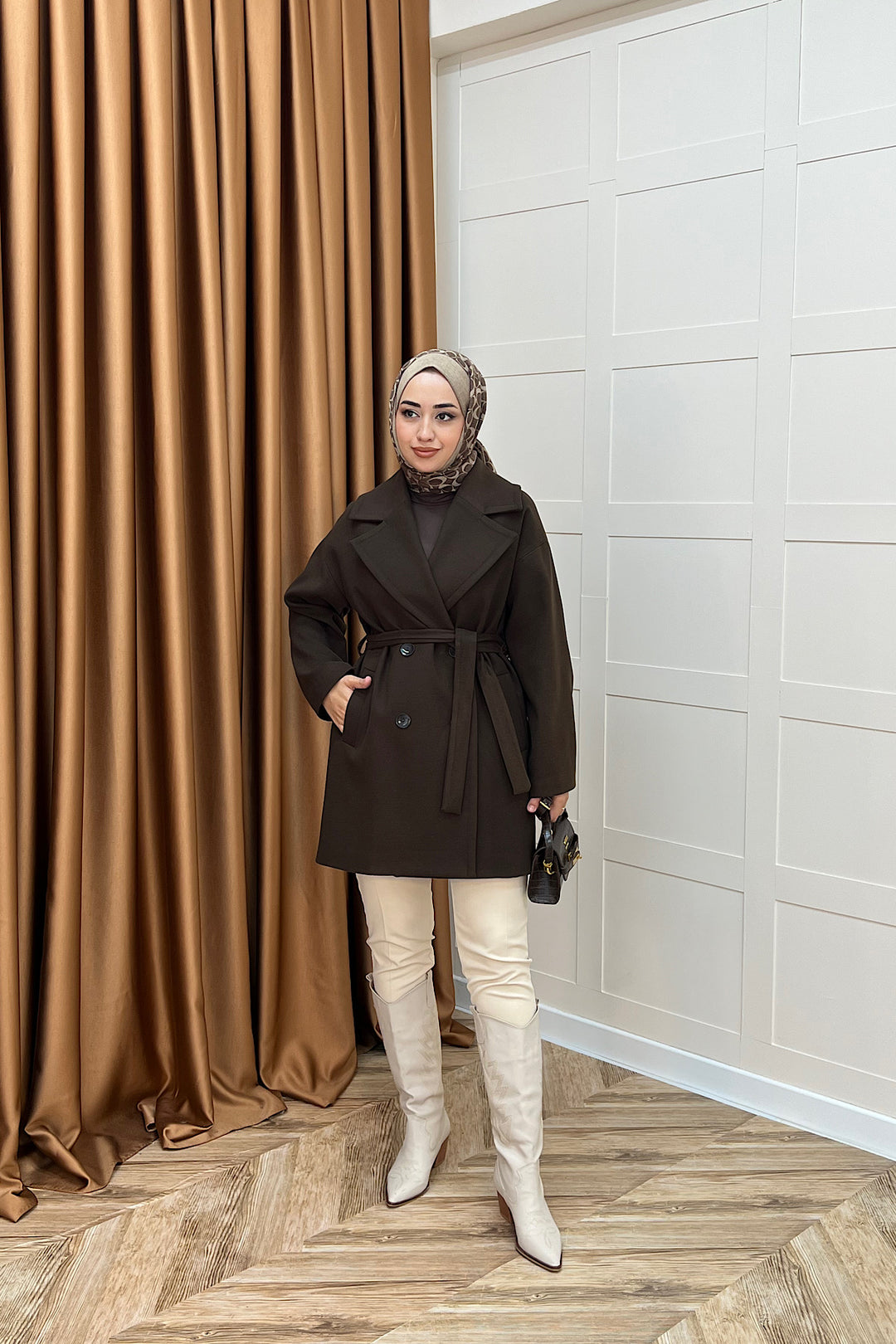Nuve Premium Kuşaklı Kaban Kahverengi 5514-KAHVERENGI