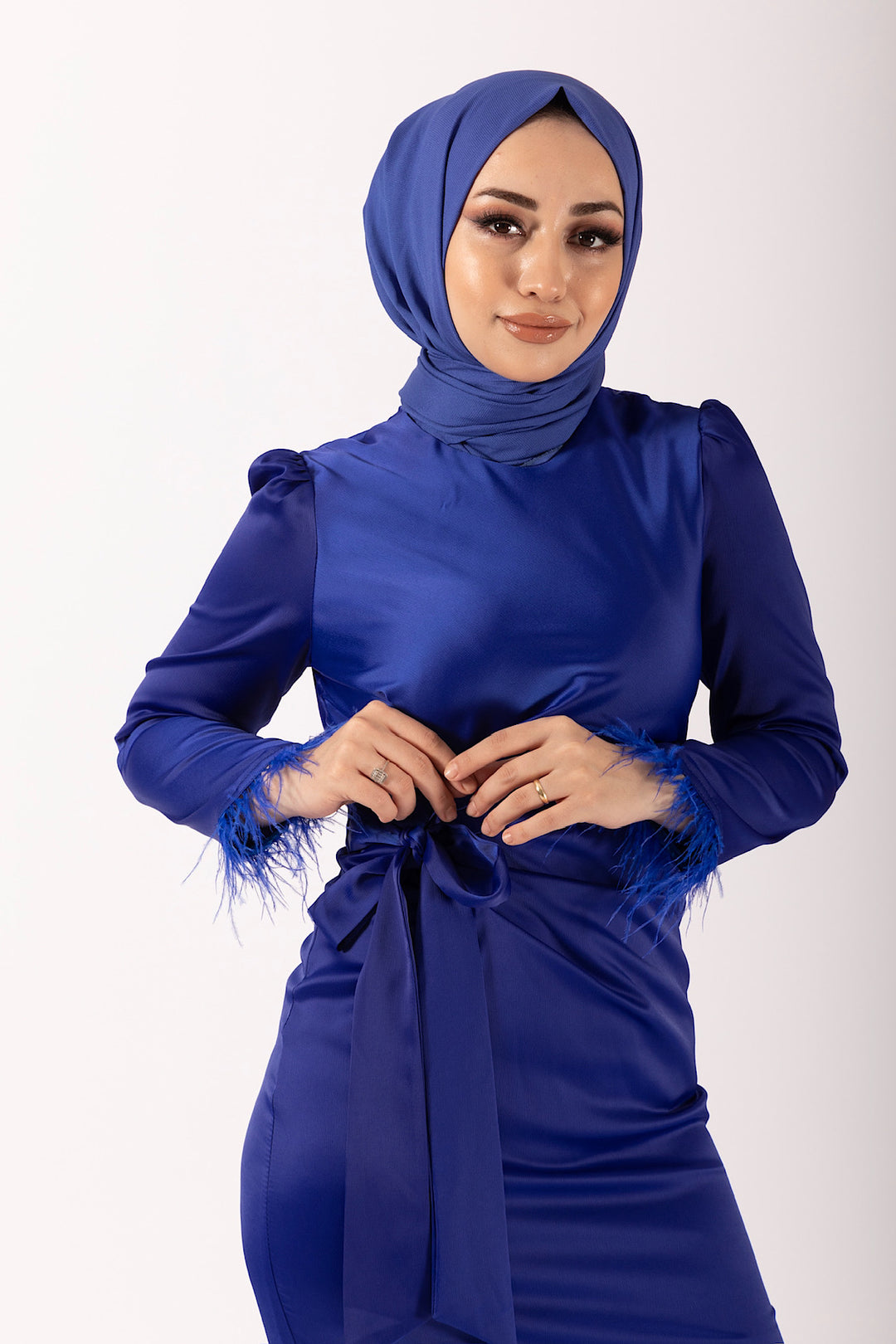 Kol Saçaklı Saten Abiye Saks 4897-SAKS