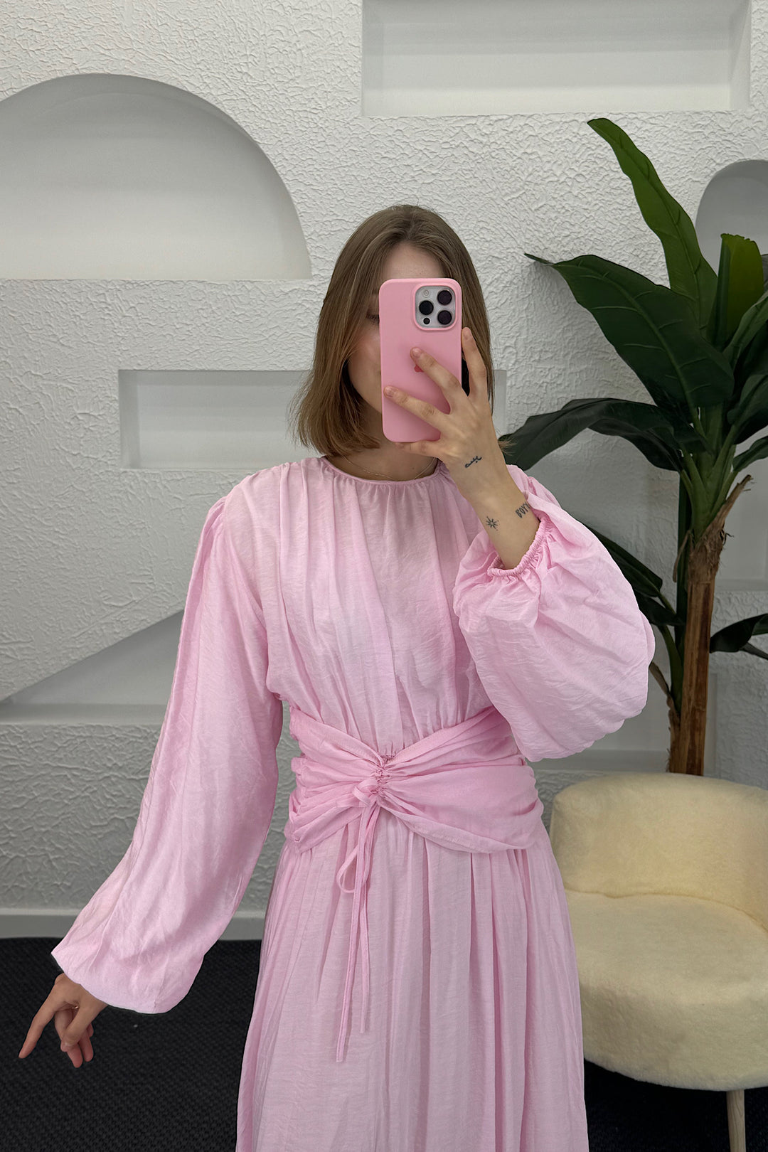 Belden Bağlamalı Elbise Pembe 3372-PEMBE