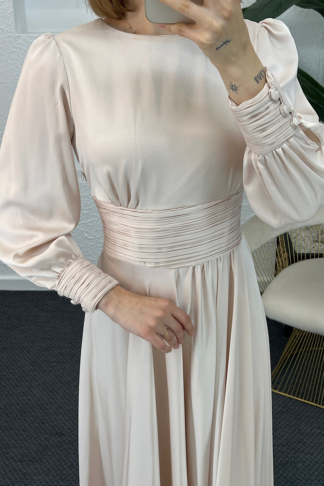Beli Piliseli Saten Abiye Krem 04340-KREM