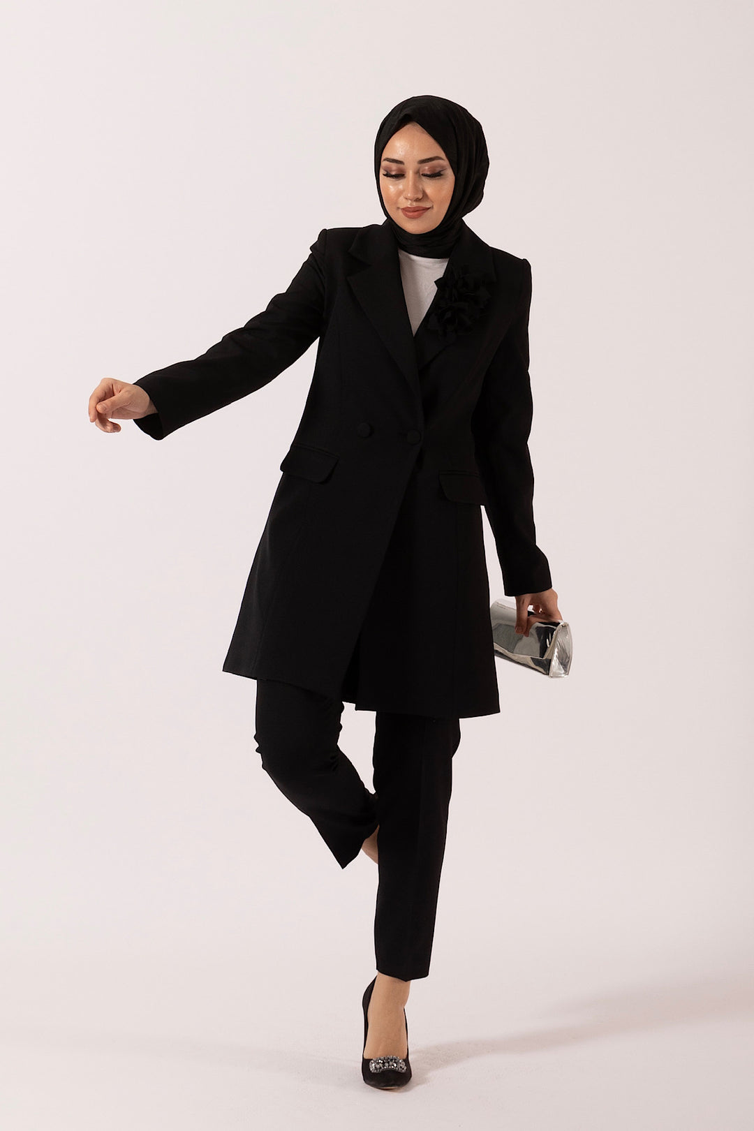 Çiçek Broşlu Ceket Takım Siyah 6150-SIYAH