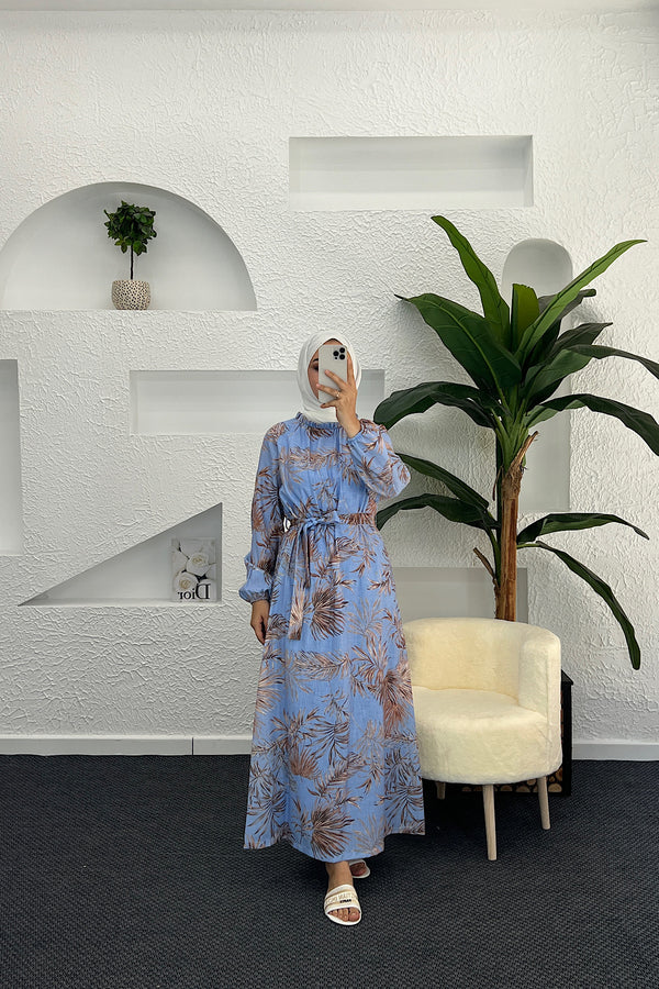 Palmiye Desen Keten Elbise Mavi 4970-MAVI