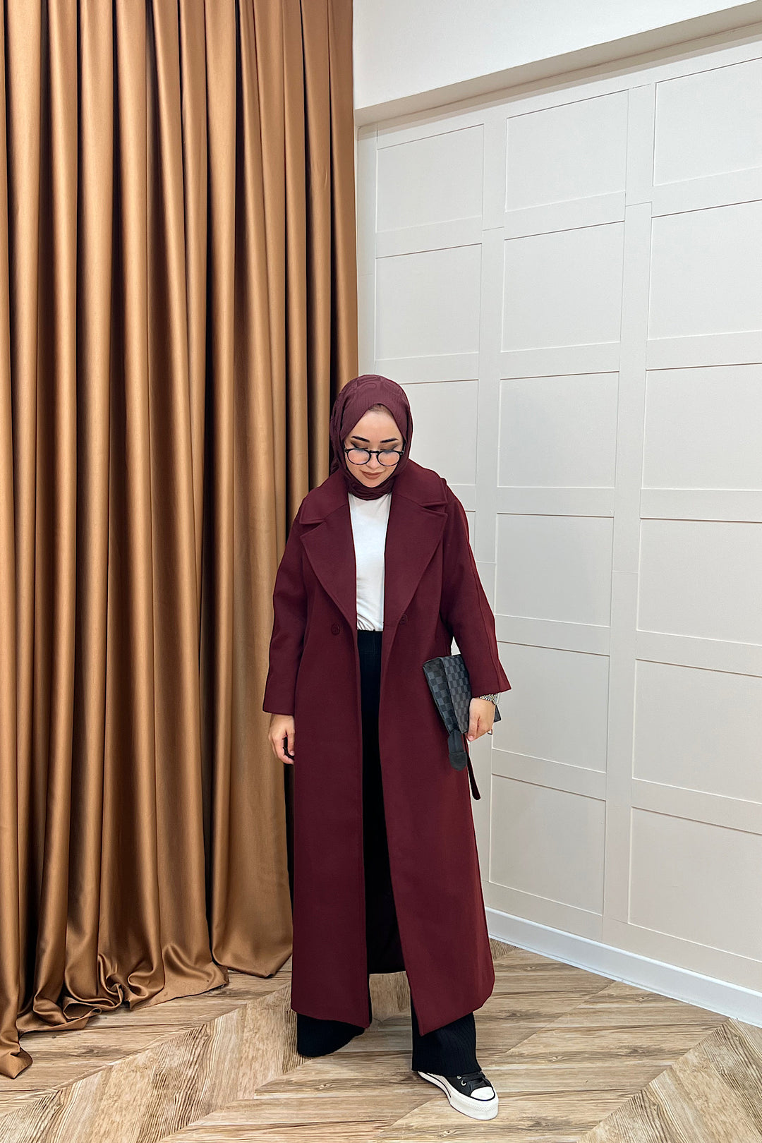 Retro Premium Kumaş Uzun Kaşe Kaban Bordo 5509-BORDO