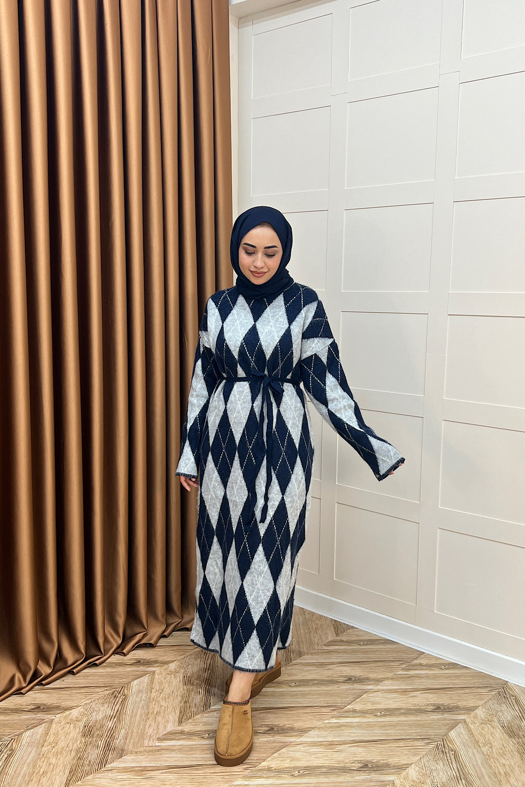 Baklava Desenli Triko Elbise Lacivert 241300-LACIVERT