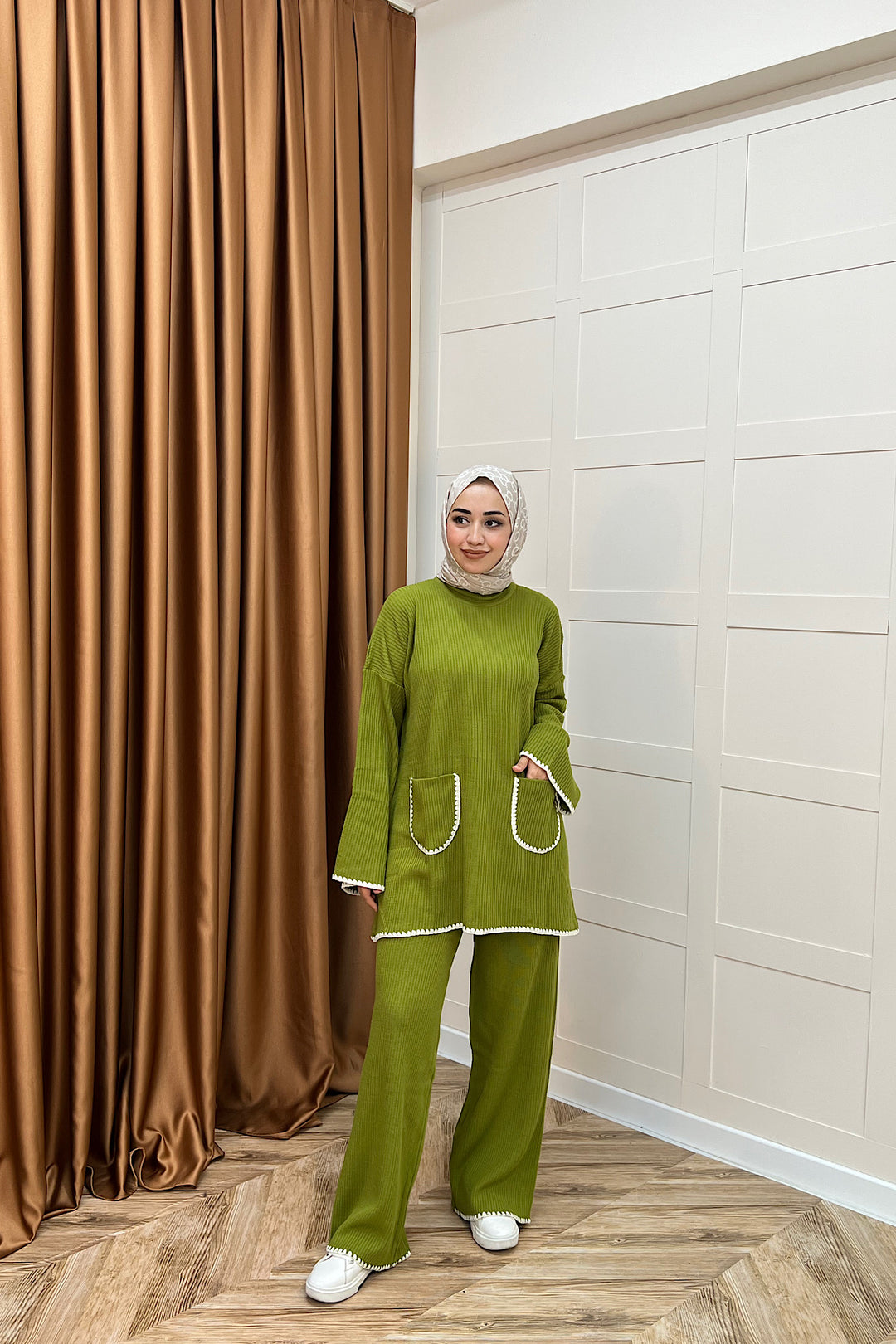 Cep Örgülü Triko Takım Yağ Yeşili 24200-YAGYESILI