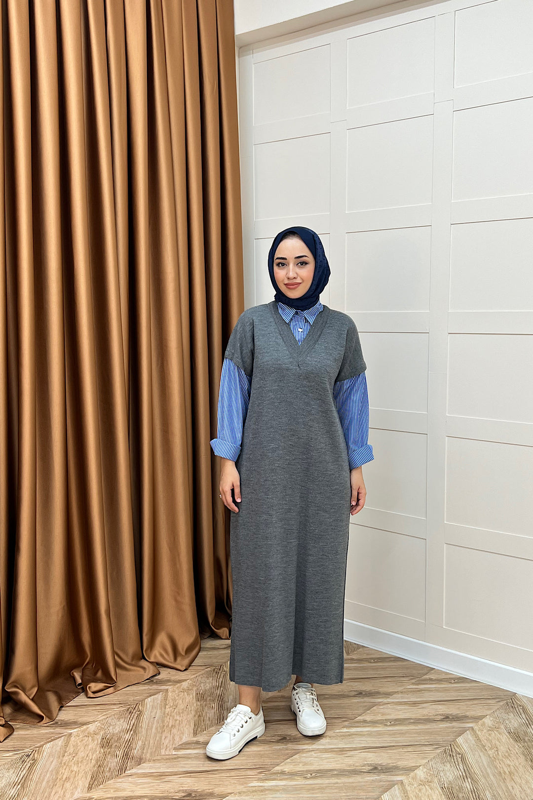 Samira Gömlek Detaylı Triko Elbise Gri 241110-GRI