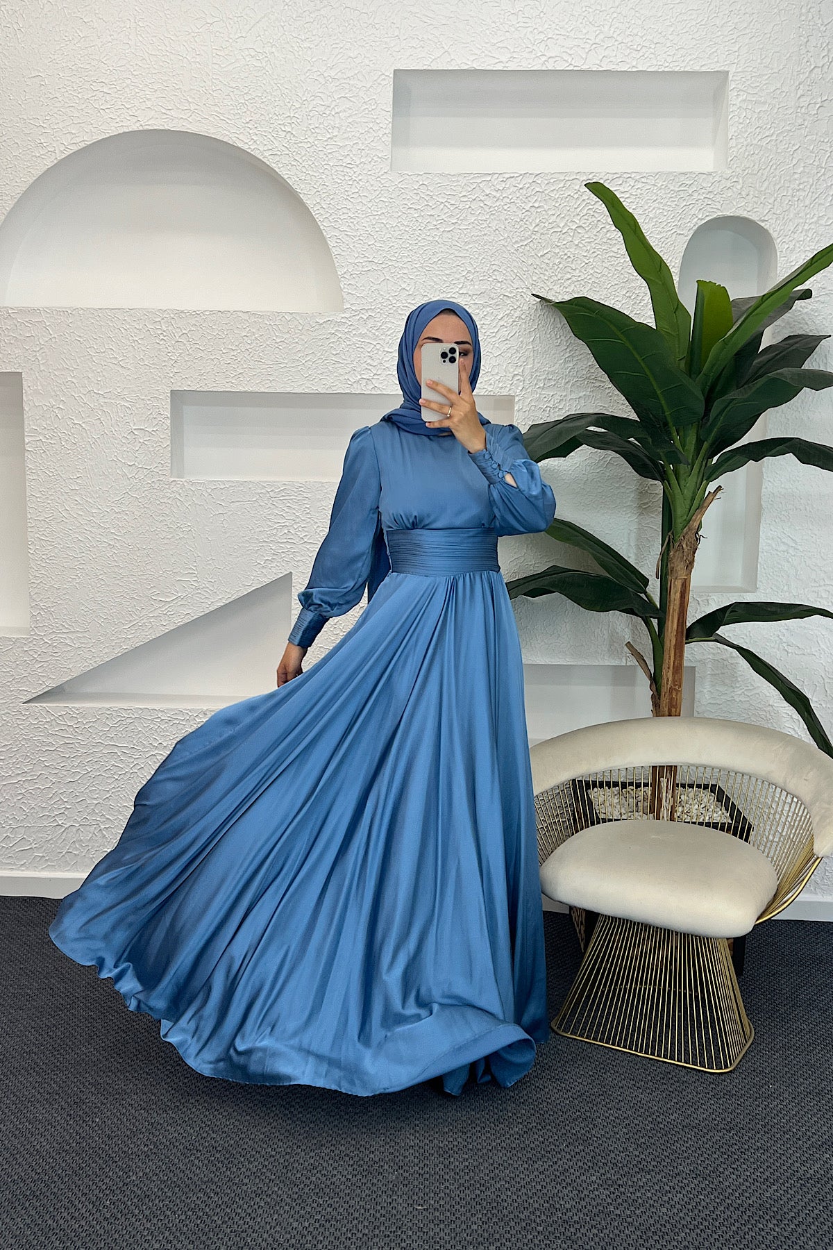 Beli Piliseli Saten Abiye İndigo 04340-INDIGO
