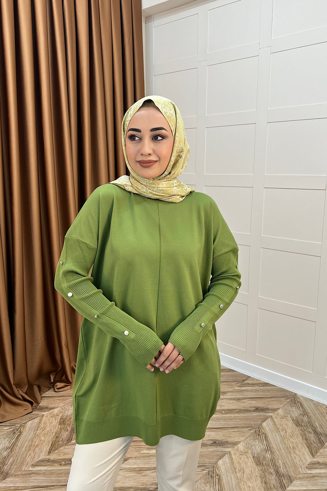 Kol Düğmeli Triko Tunik Yağ Yeşili 24280-YAGYESILI