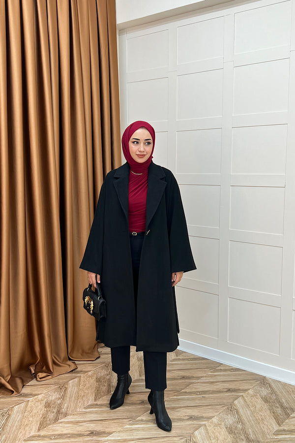 Yıldız Premium Kumaş Kuşaklı Kaban Siyah 5515-SIYAH