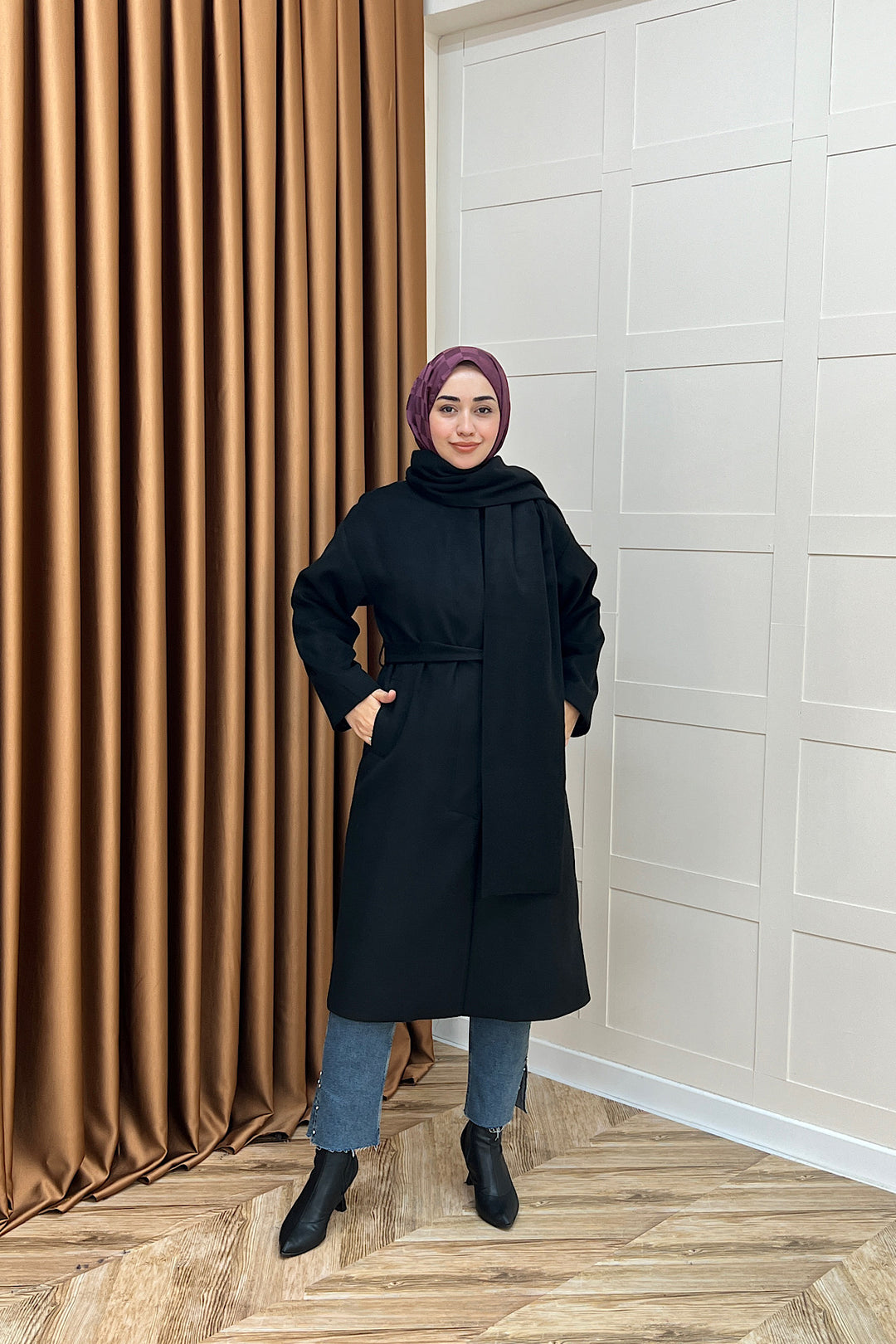 Siena Atkı Detay Kaşe Kaban Siyah 5530-SIYAH