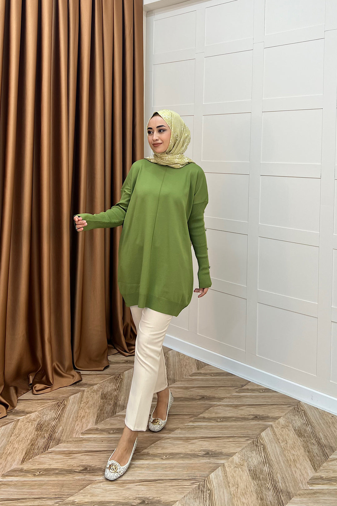 Kol Düğmeli Triko Tunik Yağ Yeşili 24280-YAGYESILI