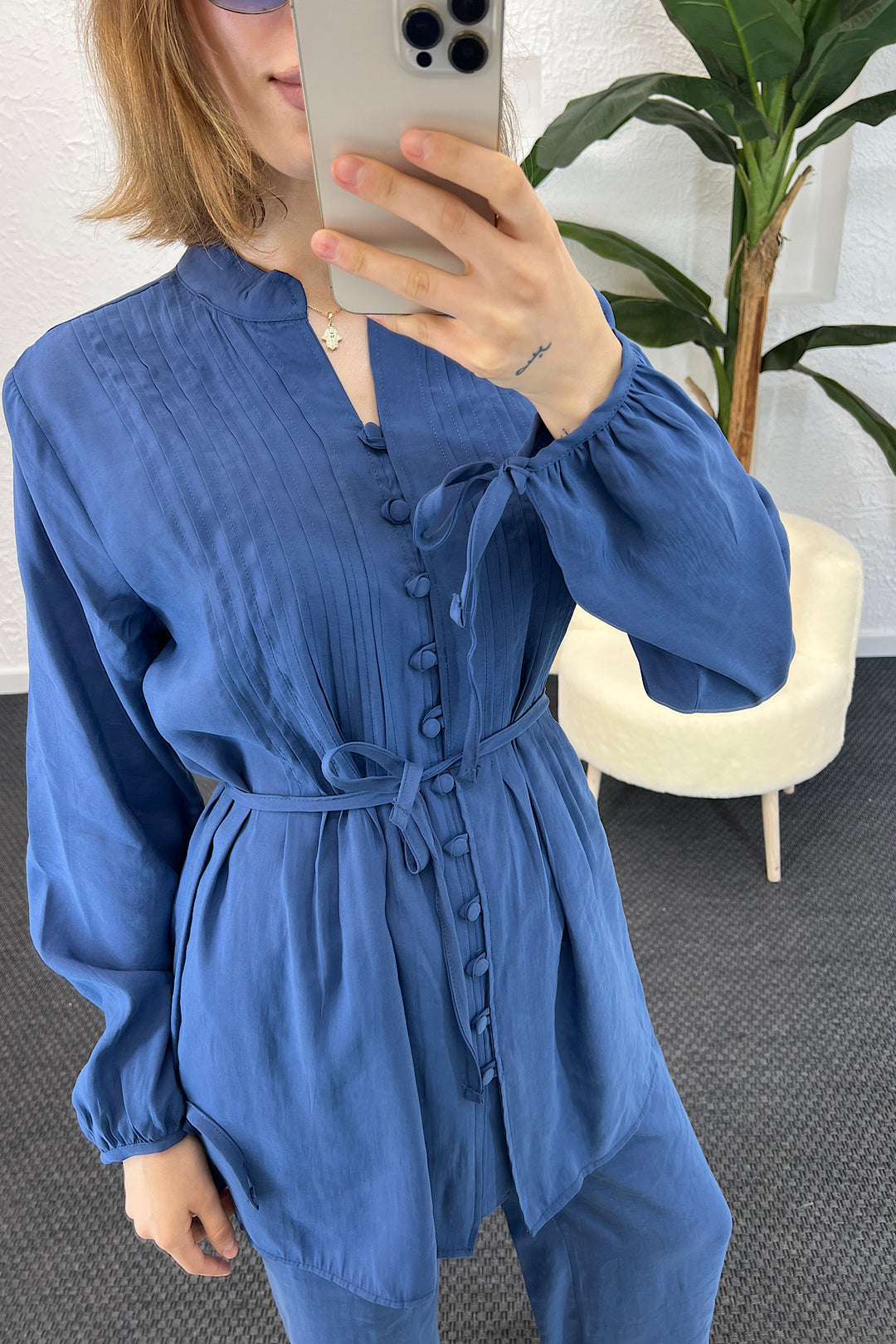 Kolları Bağcık Detay Önden Düğmeli Takım İndigo 1944-INDIGO