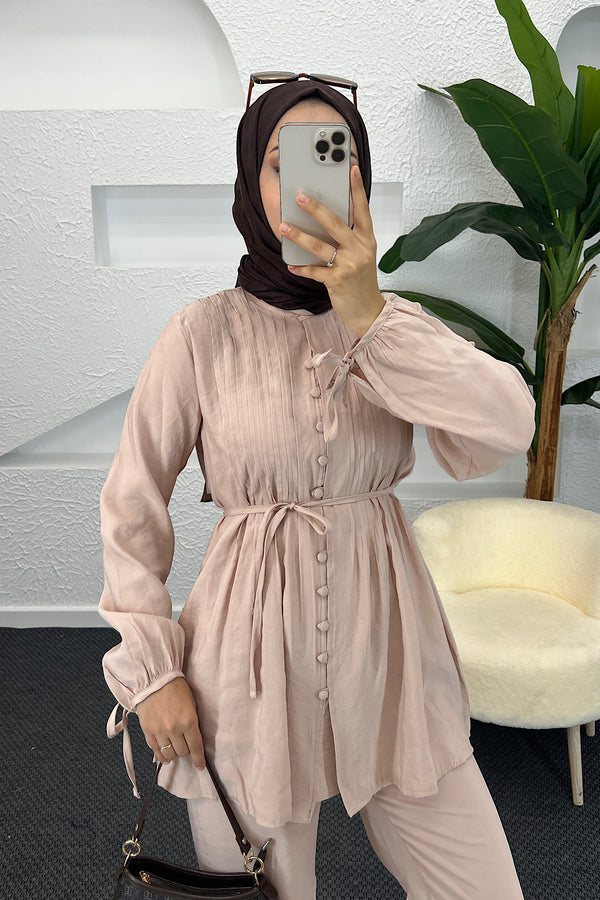 Kolları Bağcık Detay Önden Düğmeli Takım Vizon 1944-VIZON