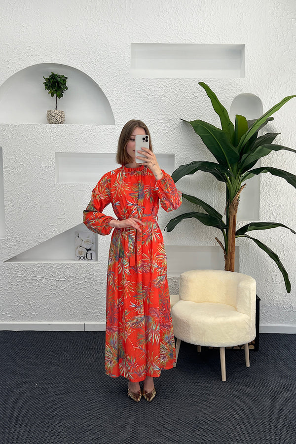 Palmiye Desen Keten Elbise Oranj 4970-ORANJ