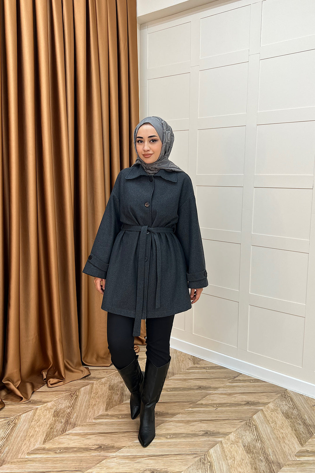 Bensu Kuşaklı Kaşe Kaban Siyah 5518-SIYAH