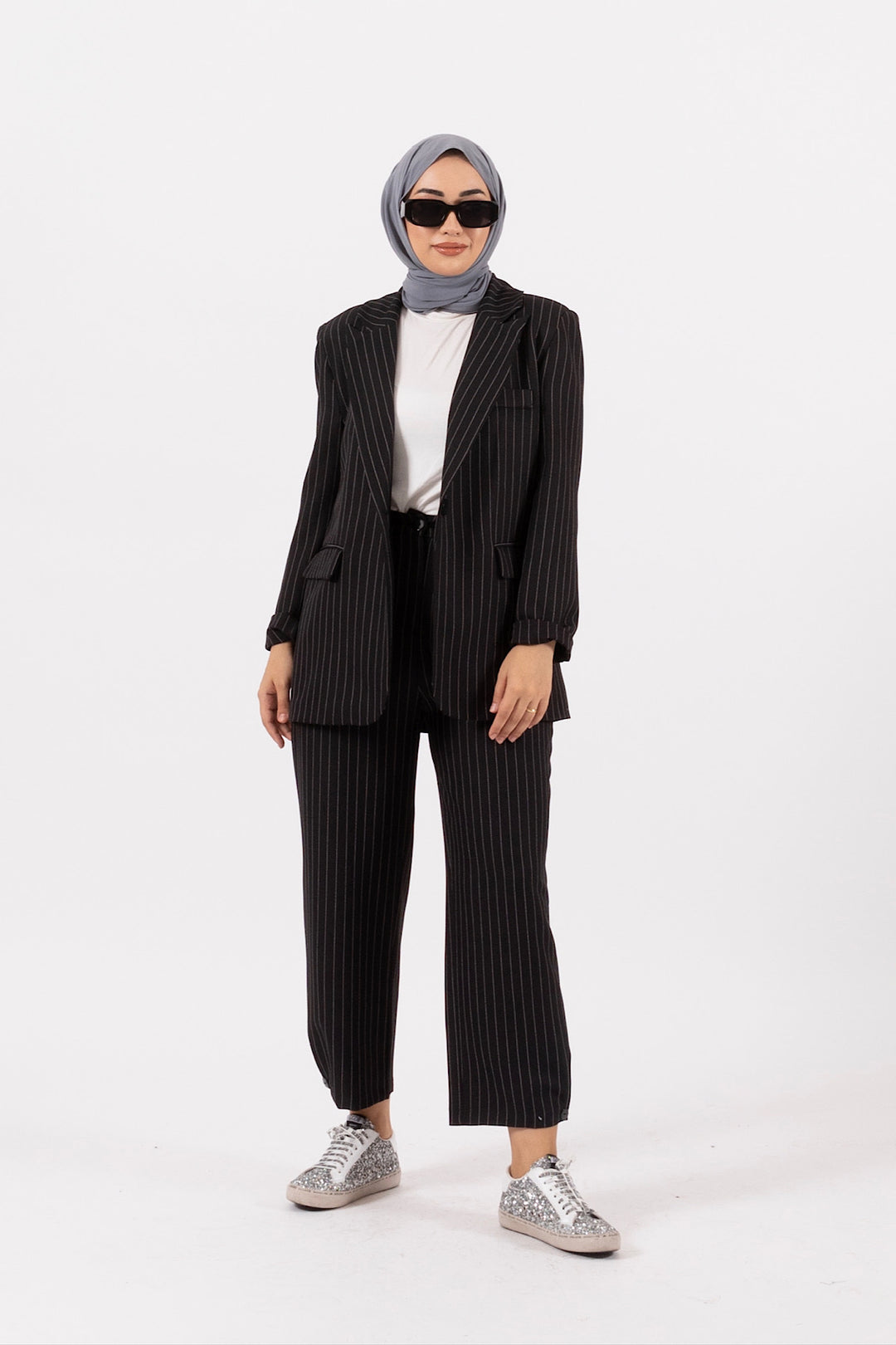 Paça Detay Çizgili Takım Siyah 24K6183-SIYAH