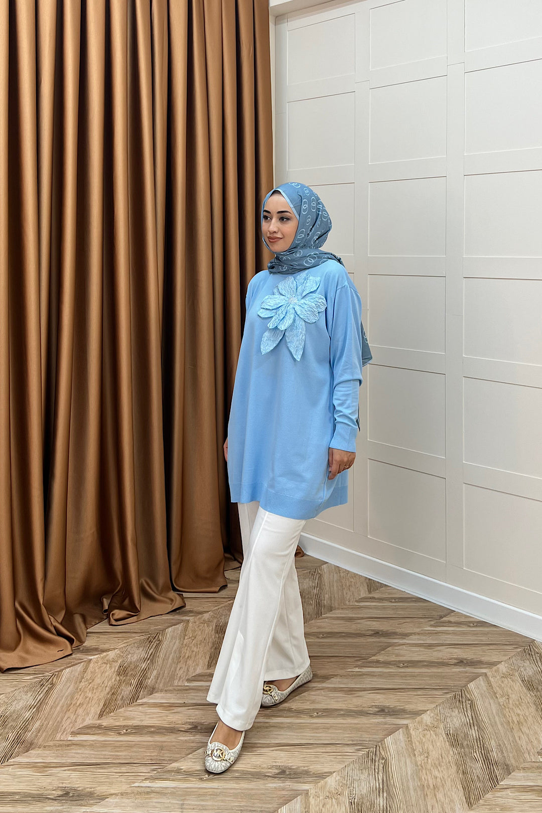 Merserize Çiçekli Triko Tunik Mavi 2550-MAVI