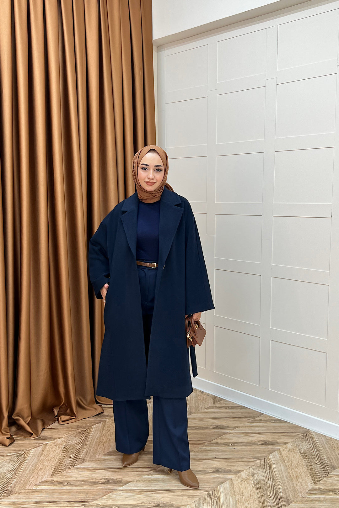 Yıldız Premium Kumaş Kuşaklı Kaban Lacivert 5515-LACIVERT