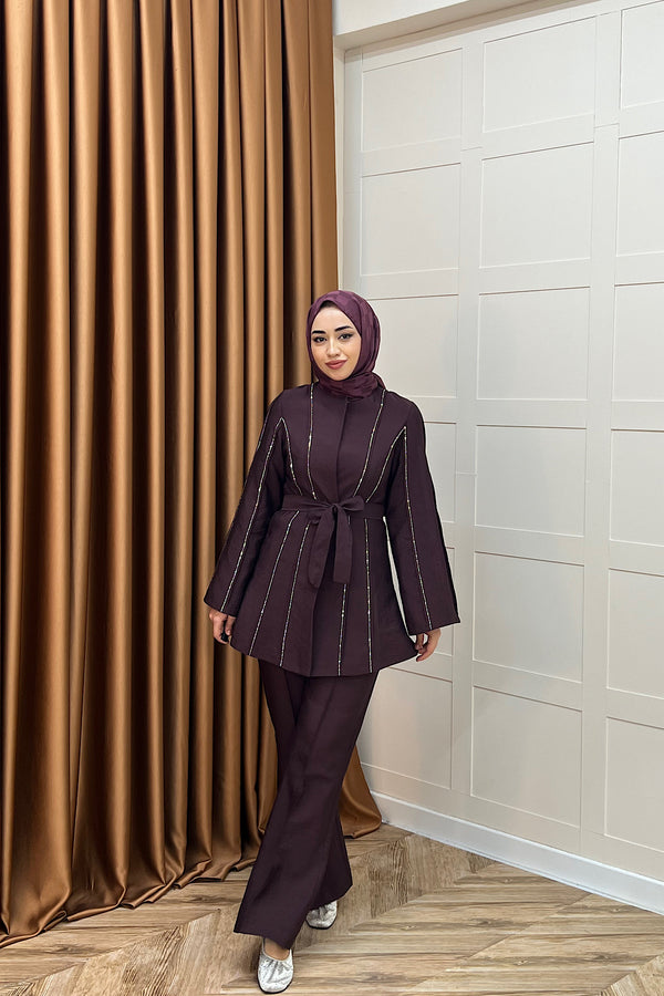 Zeva Nervür Taşlı İkili Takım Mürdüm 26013-MURDUM