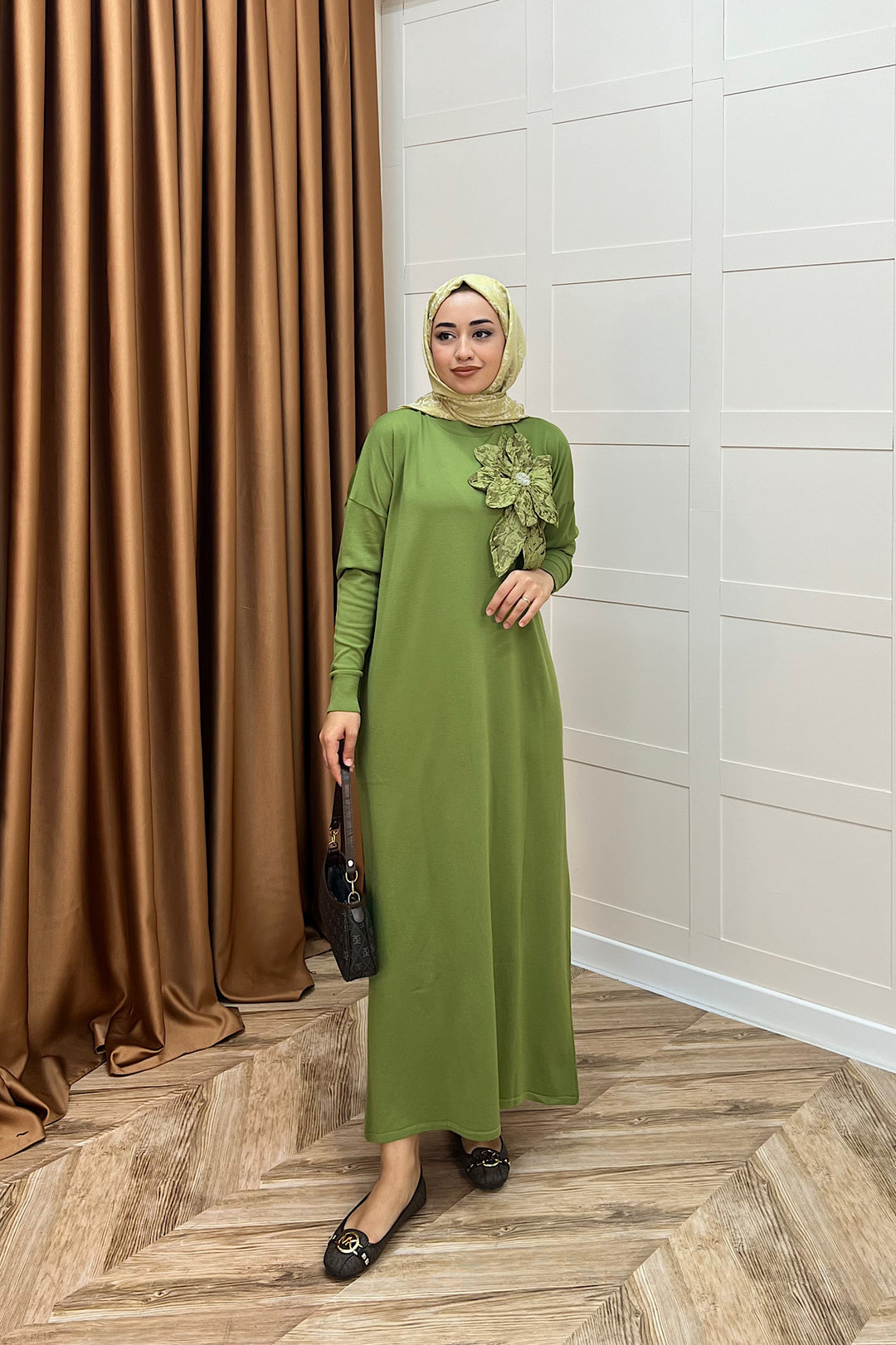 Zambak Merserize Triko Elbise Yeşil 25110-YESIL