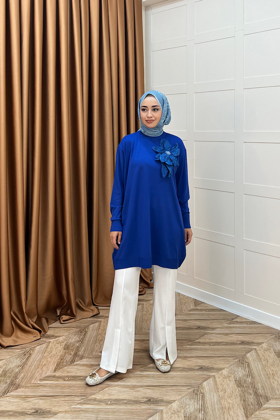 Merserize Çiçekli Triko Tunik Saks 2550-SAKS
