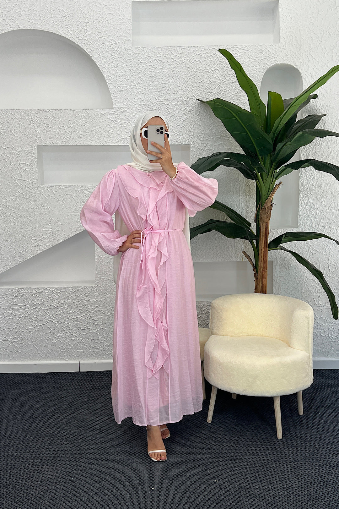 Edil Fırfır Detay Elbise Pembe 3366-PEMBE