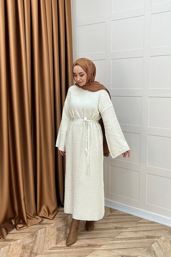 Yumoş Sim Karışımlı Salaş Triko Elbise Krem 252500-KREM