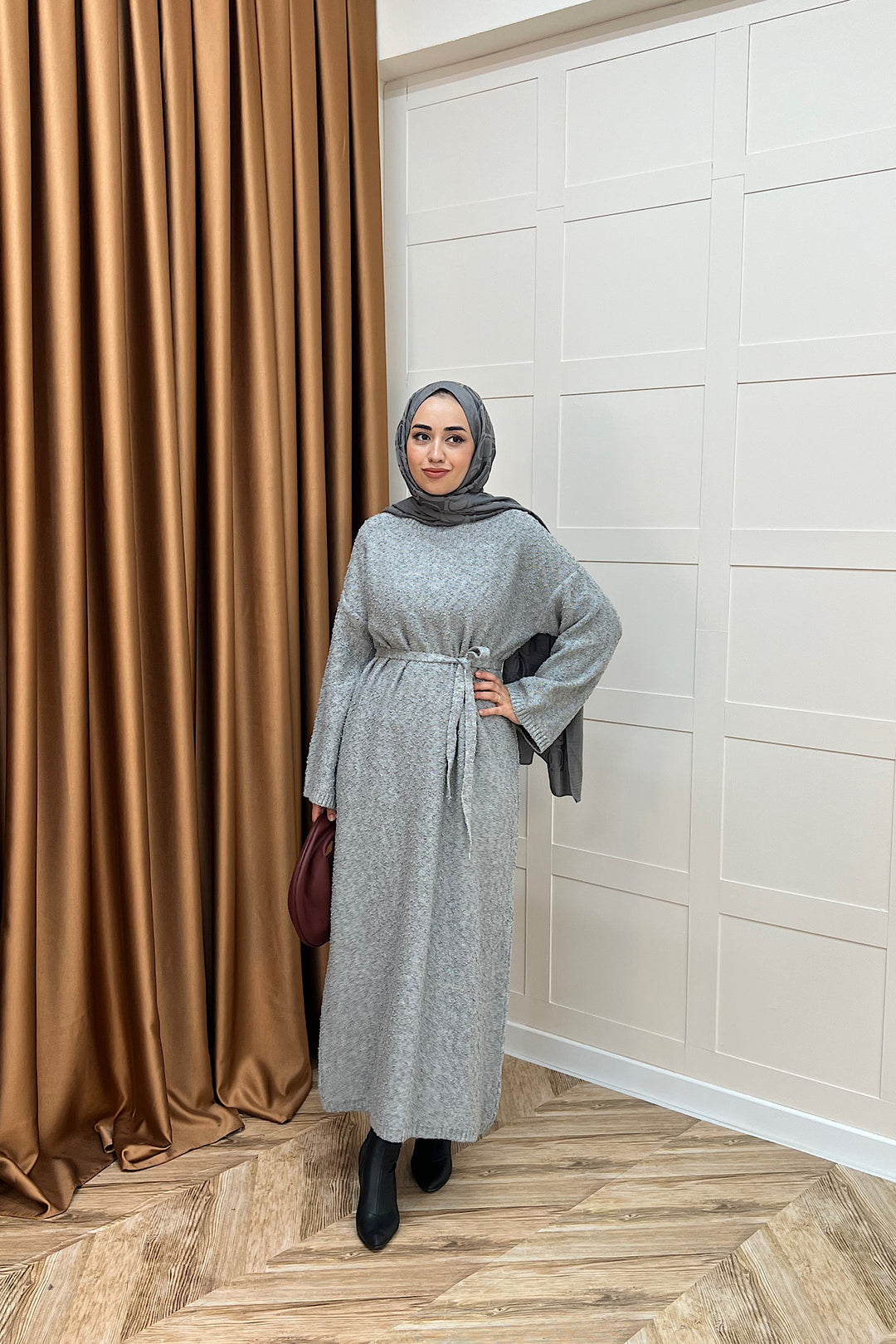 Yumoş Sim Karışımlı Salaş Triko Elbise Gri 252500-GRI