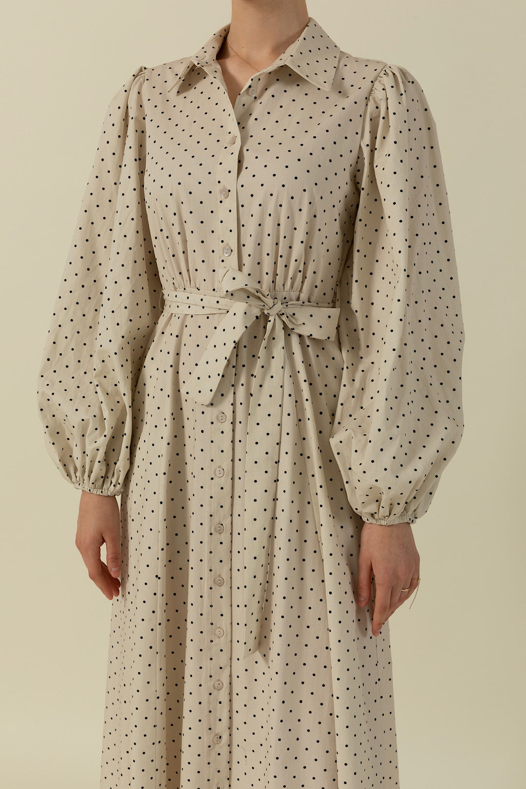 Boydan Düğmeli Puantiye Desen Elbise Taş 3041-TAS