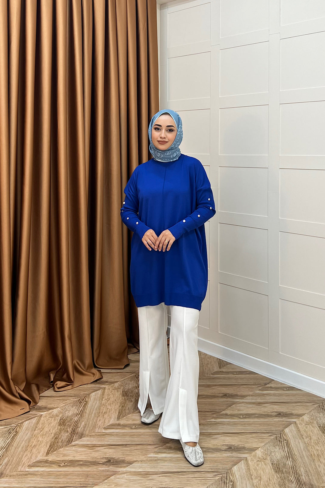 Kol Düğmeli Triko Tunik Saks 24280-SAKS