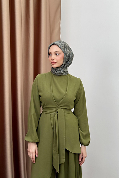 Asimetrik Pantolonlu Takım - Haki - Modam Afra (1)
