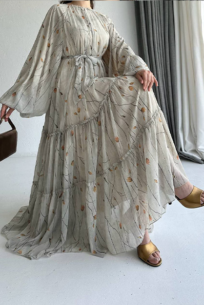 Modam Afra - Balon Kol Fırfırlı Şifon Elbise Bej