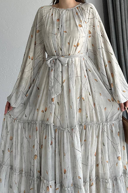Modam Afra - Balon Kol Fırfırlı Şifon Elbise Bej (1)