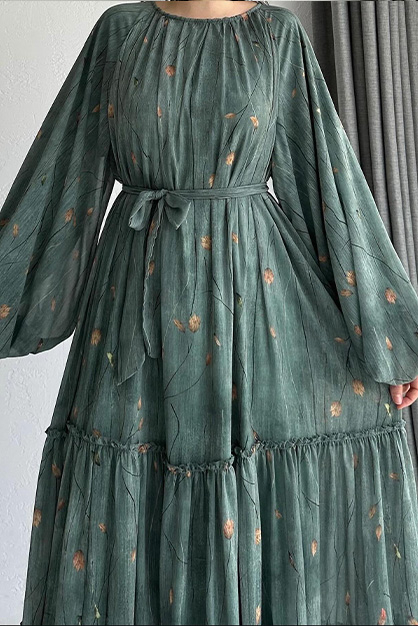 Balon Kol Fırfırlı Şifon Elbise Mint Yeşili - Thumbnail