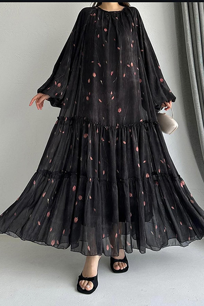 Modam Afra - Balon Kol Fırfırlı Şifon Elbise Siyah