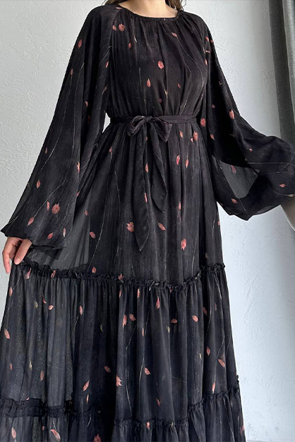 Modam Afra - Balon Kol Fırfırlı Şifon Elbise Siyah (1)