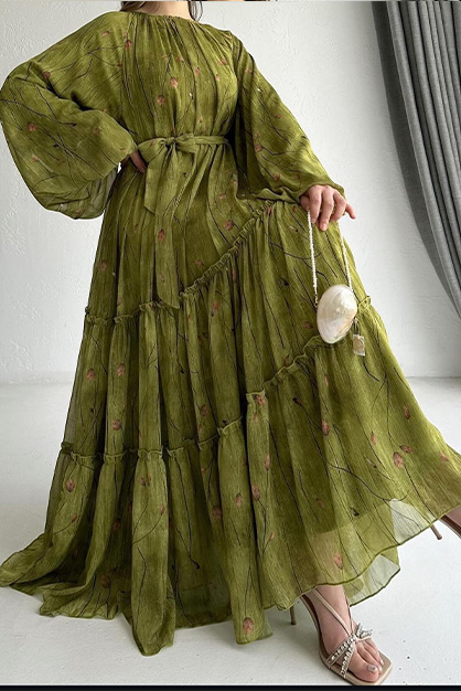 Modam Afra - Balon Kol Fırfırlı Şifon Elbise Yağ Yeşili