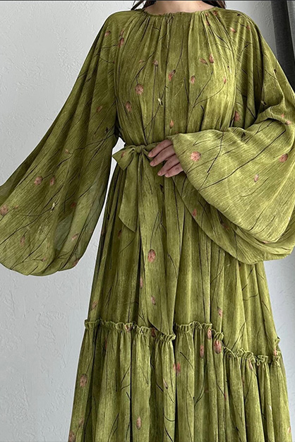 Balon Kol Fırfırlı Şifon Elbise Yağ Yeşili - Thumbnail