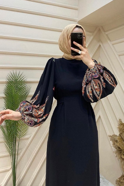 Modam Afra - Balon Kol Nakışlı Elbise Siyah (1)