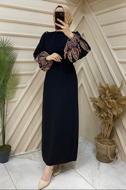 Modam Afra - Balon Kol Nakışlı Elbise Siyah
