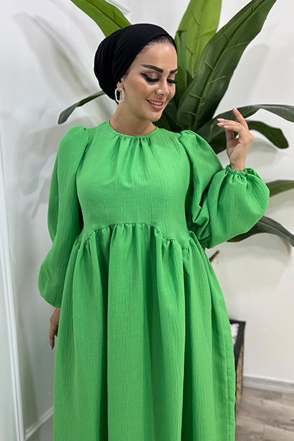 Modam Afra - Balon Kol Robalı Elbise - Yeşil (1)