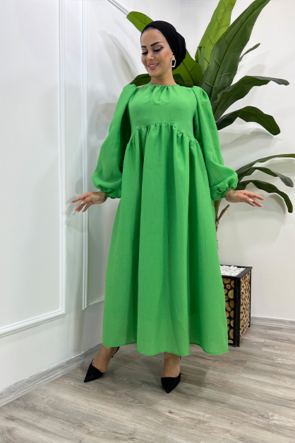 Modam Afra - Balon Kol Robalı Elbise - Yeşil