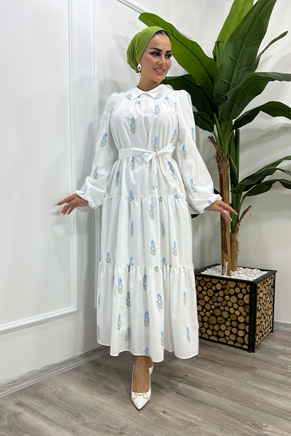 Modam Afra - Başak Desen Elbise-Beyaz-Mavi
