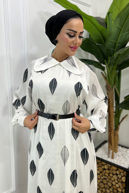 Bebe Yaka Desenli Kemerli Elbise - Beyaz - 2
