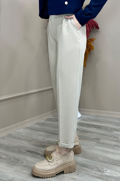 Modam Afra - Beli Lastikli Dabıl Pantolon Krem